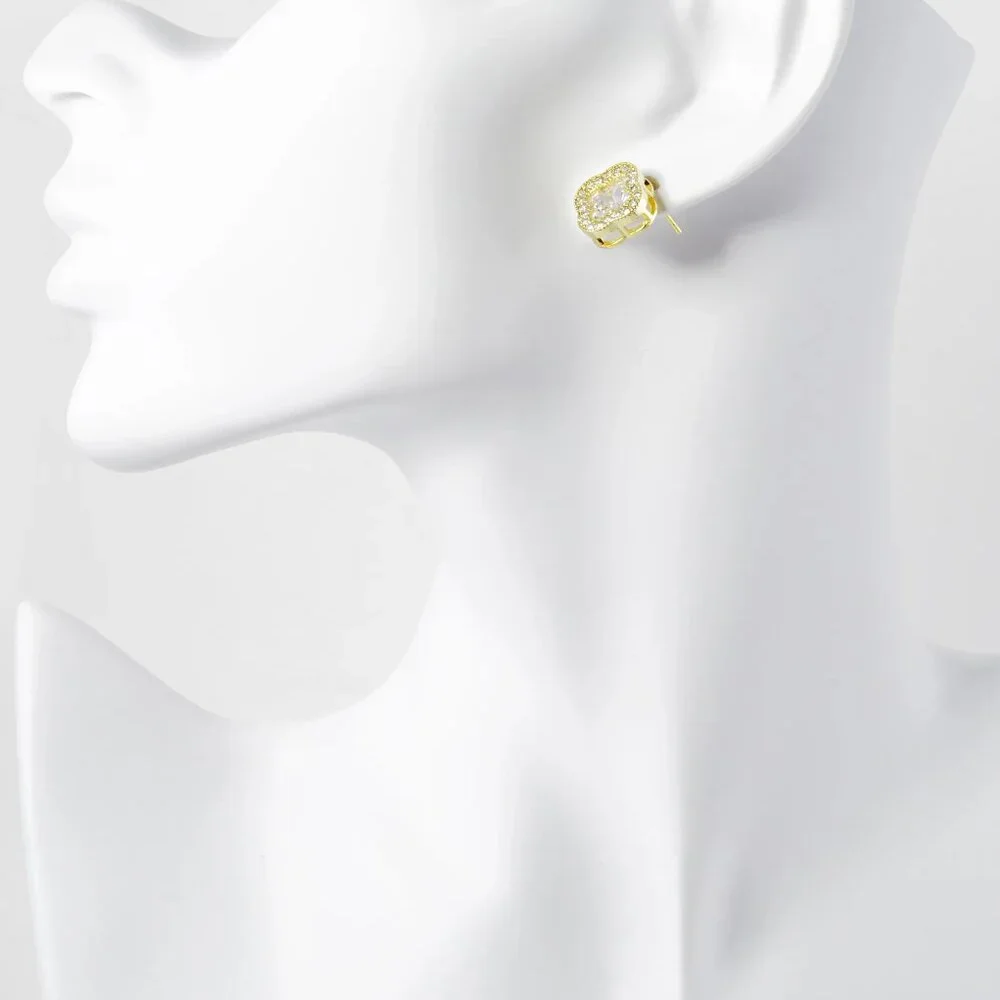 18K GOLD DIPPED PAVE SET CUBIC ZIRCONIA 13MM QUATREFOIL STUD EARRINGS - Picture 3 of 3